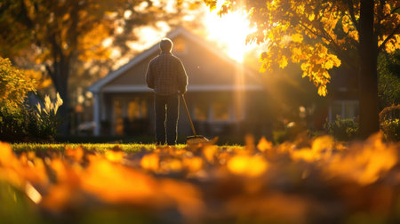 A serene autumn scene with a gardener raking leaves in a sunny setting. The warm light filters through colorful foliage, creating a peaceful atmosphere.の素材