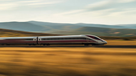 A sleek modern train captured in motion, showcasing its speed across a scenic landscape. The dynamic profile contrasts beautifully with rolling hills and open skies.の素材