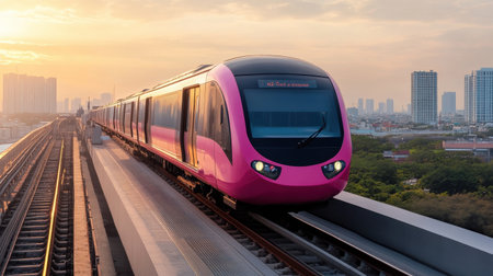 A sleek pink train travels on an elevated track, showcasing modern urban transportation against a vibrant sunset skyline. Ideal for themes of travel and innovation.の素材