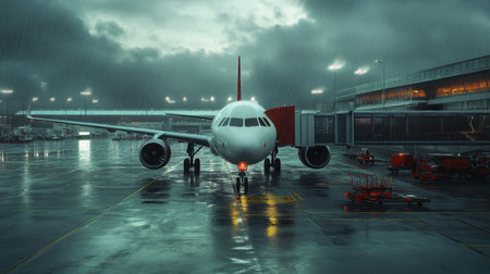 A stunning 3D rendering of an airplane parked on a runway under dramatic, overcast skies. The scene captures a moody atmosphere with reflections creating a vivid visual impact.の素材