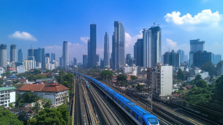 A vibrant Jakarta MRT train glides through the bustling urban landscape, framed by high-rise buildings and clear blue skies, showcasing modern transportation.の素材