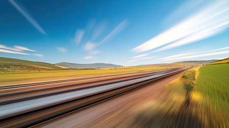 A stunning view of a speeding AVE train cutting through a scenic landscape, showcasing dynamic motion and vibrant colors against a clear blue sky.の素材