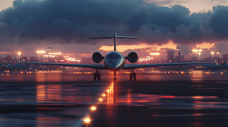 A stunning private jet is patiently waiting on the runway at dusk, surrounded by vibrant city lights and dramatic cloud formations, symbolizing luxury travel.の素材