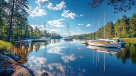 A breathtaking view of a marina in Finland showcasing serene waters and sailboats docked amidst stunning natural surroundings, ideal for vacation inspiration.の素材