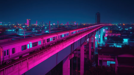 A vibrant pink train glides smoothly on an elevated track at night, surrounded by a dazzling cityscape. The illuminated skyline highlights modern urban transport.の素材