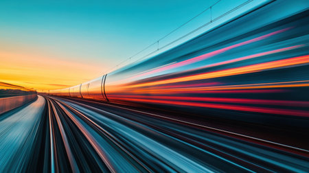 A striking capture of an AVE train speeding through picturesque landscapes at sunset, featuring dynamic colors and blurred lines that evoke a sense of motion and energy.の素材