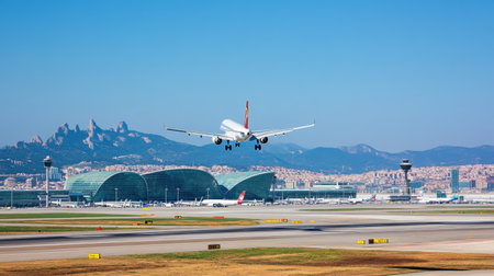 A commercial airliner prepares for takeoff from the runway under a clear blue sky, surrounded by modern airport infrastructure and distant mountains.の素材