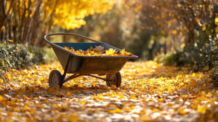 A serene autumn scene featuring a wheelbarrow filled with vibrant yellow leaves on a tranquil path, surrounded by golden trees and soft sunlight. Perfect for capturing the essence of fall gardening.の素材