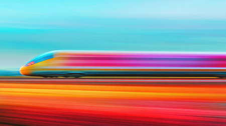 A vibrant, high-speed train blurs past in a colorful landscape, capturing the essence of modern transport. The dynamic scene evokes excitement and movement.の素材
