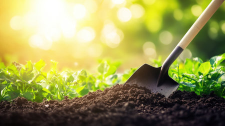 A close-up of a shovel plunging into rich garden soil, highlighting the beauty of nature and the gardening process under warm sunlight. Perfect for agricultural themes.の素材