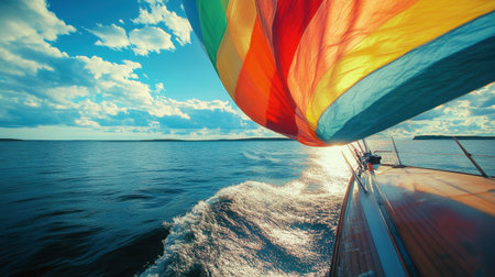 Experience a vibrant sailboat adventure under a colorful sky, gliding across tranquil waters, perfect for relaxation and exploration on a sunny day.の素材