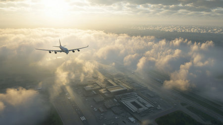 An airplane takes off from an airport, soaring above the clouds in a stunning aerial view. This image captures the beauty of aviation and travel, showcasing a classic scene of departure.の素材
