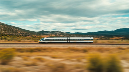 A stunning side profile of a high-speed train in motion, showcasing the dynamic nature of modern transportation against a beautiful landscape backdrop.の素材