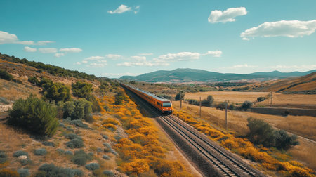 A vibrant train speeds through a picturesque landscape filled with colorful flora and rolling hills, showcasing the beauty of travel and nature combined.の素材