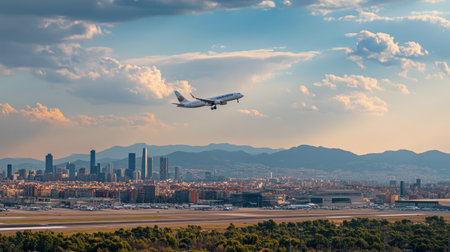 A sleek airplane takes off against a stunning skyline at El Prat Airport, capturing the essence of air travel surrounded by beautiful clouds and city views.の素材
