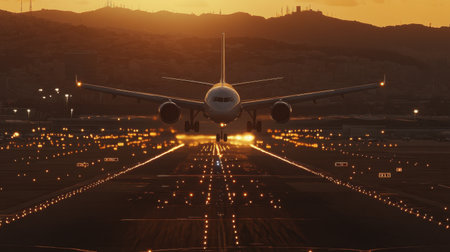 A stunning sunset view of a passenger jet taking off from an airport, with bright runway lights illuminating the scene against a backdrop of Barcelona's hills.の素材