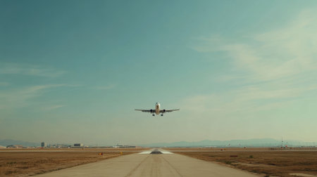 A passenger plane is seen ascending gracefully into the clear blue sky, capturing the essence of air travel amidst a tranquil landscape.の素材