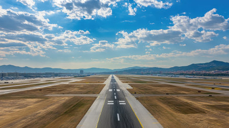Captivating aerial view of a runway leading into the horizon, under a bright blue sky with fluffy clouds. Ideal for transport and travel themes.の素材