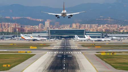 An impressive view of an airplane taking off over a busy airport runway. The scene captures the excitement of air travel against a vibrant city backdrop.の素材