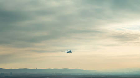 An airplane ascends gracefully into the sky, set against a backdrop of serene clouds and distant mountains, capturing the essence of travel and adventure.の素材