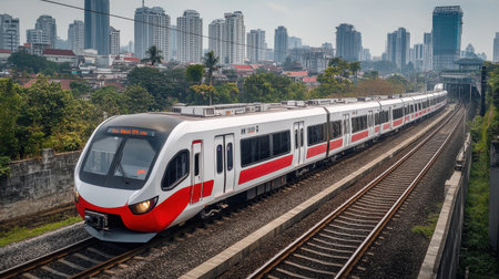 A wide angle view of Jakarta's MRT train illustrating the modern urban landscape, showcasing transportation within the city's vibrant skyline.の素材