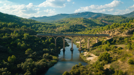 A breathtaking view showcasing a high-speed train elegantly crossing a scenic river valley, surrounded by lush greenery and mountains under a clear blue sky.の素材