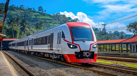 A modern high-speed train at Tegalluar depot surrounded by lush greenery and palm trees, showcasing vibrant colors against a beautiful blue sky.の素材