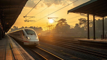 Stunning view of a high-speed train in Indonesia at sunset, showcasing modern transportation against a vibrant sky. Ideal for travel and technology themes.の素材
