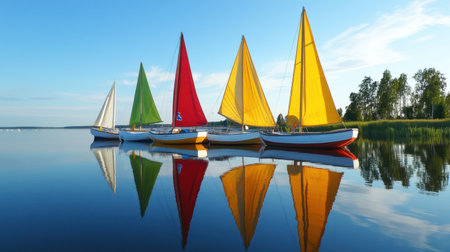 Discover a picturesque scene of colorful sailboats moored in Finland. Vibrant reflections and a serene marina setting create a perfect summer getaway.の素材