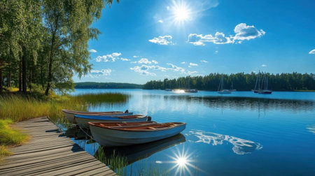 Beautiful sailboats rest gently at a marina in Finland, surrounded by calm water and lush greenery. Perfect for nature lovers and travel enthusiasts.の素材