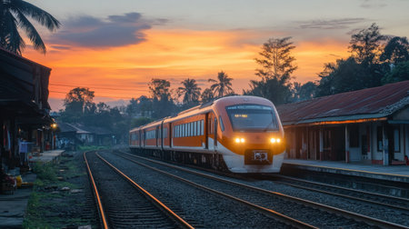 A train awaits at a rural station during a stunning sunset. The vibrant colors of the sky create a tranquil setting for travelers and commuters.の素材