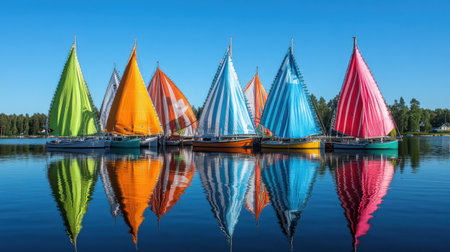 Vibrant sailboats moored at a marina in Finland reflect beautifully on the calm water, creating an idyllic scene perfect for summer tourism and relaxation.の素材