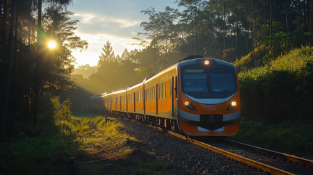 A stunning EMU train gliding through a sunlit forest landscape, capturing the essence of travel and adventure during a tranquil morning test ride.の素材