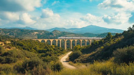 A high-speed train gracefully crosses a modern viaduct, surrounded by lush greenery and rolling hills, showcasing the harmony between technology and nature.の素材