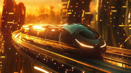 A stunning futuristic train glides smoothly through a vibrant landscape, illuminated by warm sunset hues. This dynamic scene captures the essence of modern transport and innovation.の素材