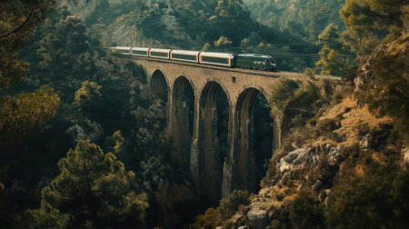 A train navigates through Spain's stunning rugged terrain, showcasing breathtaking landscapes and picturesque views of nature and architecture. Perfect for travel enthusiasts.の素材