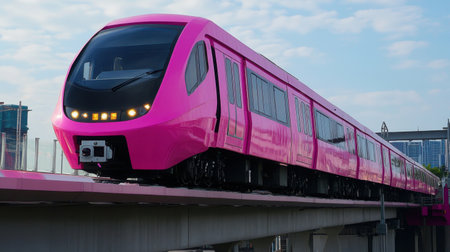 A vibrant pink MRT train travels along an elevated track, showcasing modern urban transport. This image captures the essence of city commuting and innovation.の素材