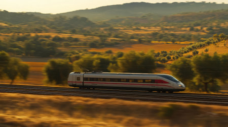 A sleek commuter train travels swiftly through a picturesque landscape, showcasing the beauty of nature alongside modern transport technology. Perfect for travel themes.の素材