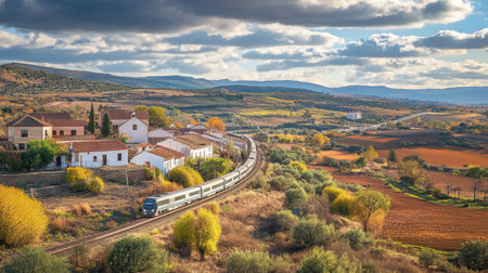 A commuter train elegantly winds through picturesque countryside, surrounded by vibrant autumn colors, offering a serene view of rural landscapes under a dramatic sky.の素材