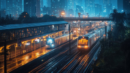 A Jakarta MRT train arrives at a well-lit station at night, showcasing the vibrant urban landscape filled with city lights and a modern transportation system.の素材