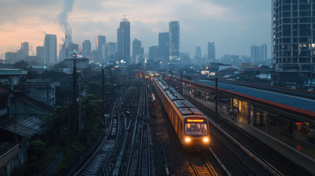 The Jakarta MRT station buzzes with activity as trains arrive amid the busy urban skyline at dusk, capturing the vibrant energy of city life and modern transportation.の素材
