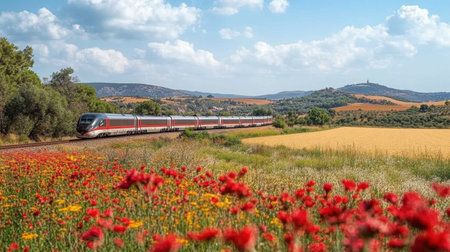 A commuter train travels through a picturesque countryside filled with vibrant flowers, showcasing the beauty of rural landscapes under a clear blue sky.の素材