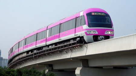 A striking pink line train gracefully crosses an elevated track, showcasing modern urban transportation. The vibrant design enhances the cityscape and travel experience.の素材