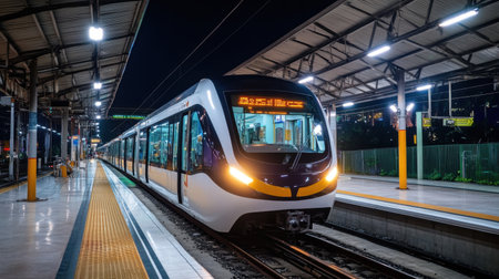 A modern Jakarta MRT train pulls into a well-lit station at night, showcasing advanced urban transport and vibrant city life, perfect for travel enthusiasts.の素材