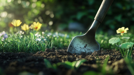 A sharp shovel blade sinks into rich soil, surrounded by blooming flowers and fresh greenery, capturing the essence of gardening and nature's beauty.の素材