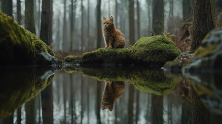 A serene cat sits on a rock by calm water in a misty forest. The tranquil scene captures nature's beauty, with reflections on the water highlighting the peaceful atmosphere.の素材