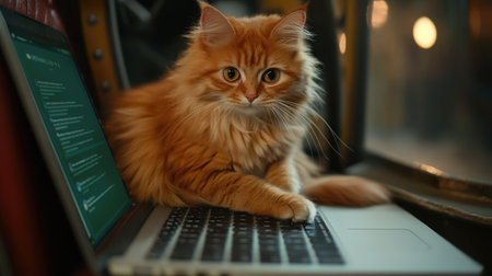 An adorable orange cat relaxes on a laptop keyboard, creating a cozy atmosphere. The feline's curious gaze adds charm to a warm indoor setting.の素材