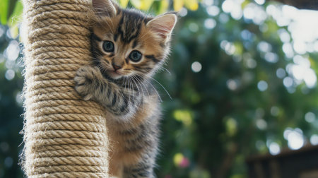 A cute kitten playfully climbs a scratching post, showcasing its curious nature and adorable personality against a lush outdoor background.の素材