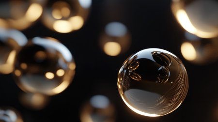 Explore stunning golden orbs floating in dark space, creating a mesmerizing and futuristic visual experience. Ideal for abstract art and design projects.の素材