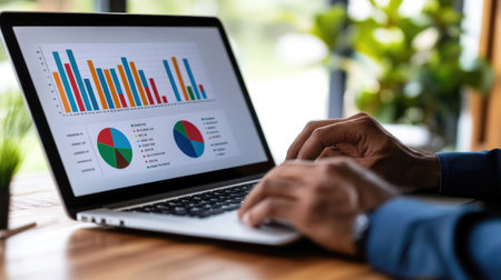 A financial analyst performs data analysis on a laptop, reviewing colorful graphs and charts. A vibrant workspace setting enhances the focus on critical statistics and insights.の素材
